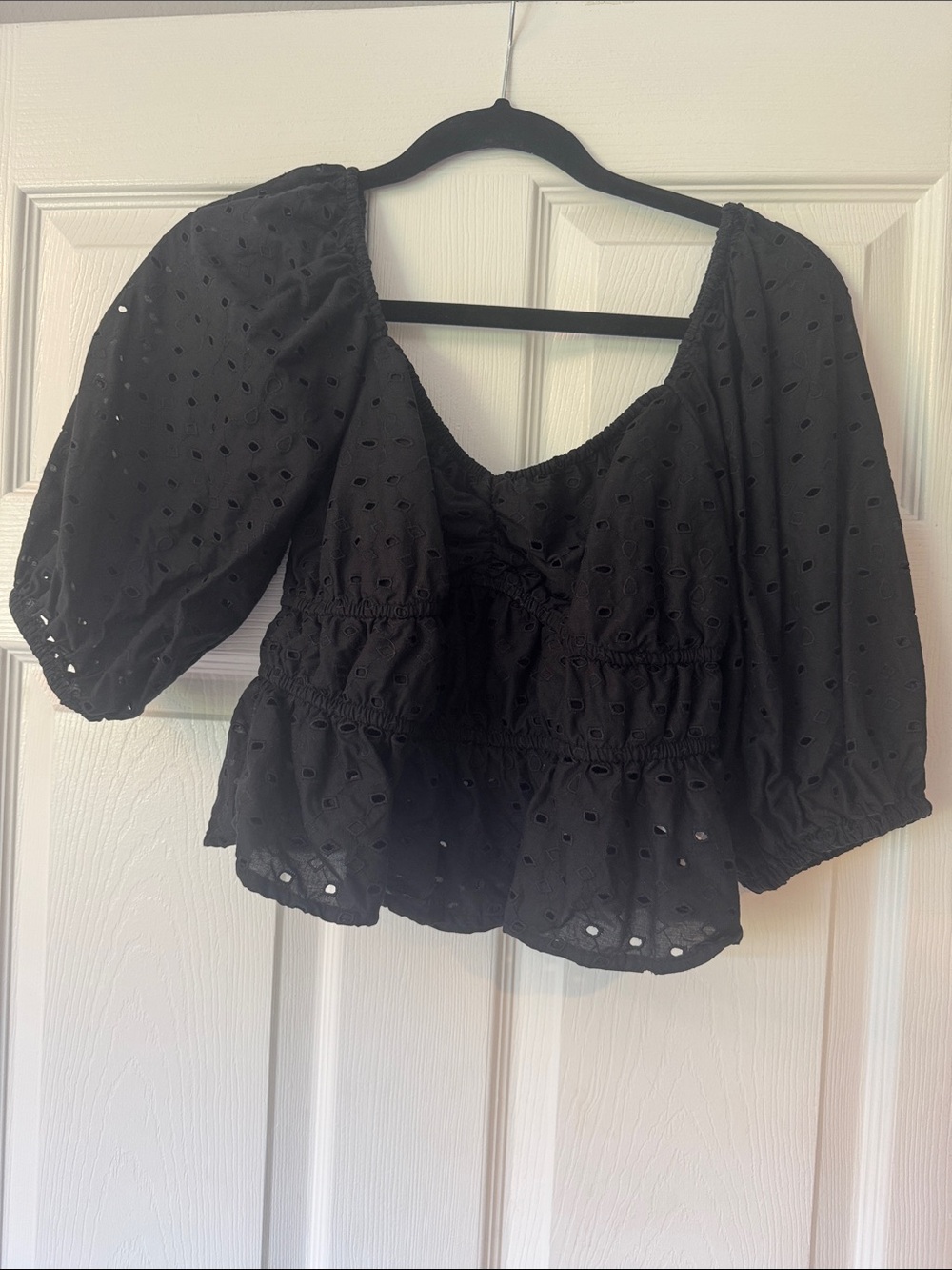 a new day Black Eyelet Puff Sleeve Peplum Top